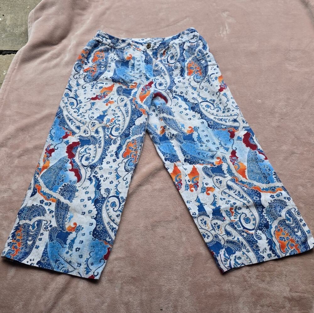 Chico's Paisley Capri Pant crop linen washable blue 100% linen NWOT summer wide